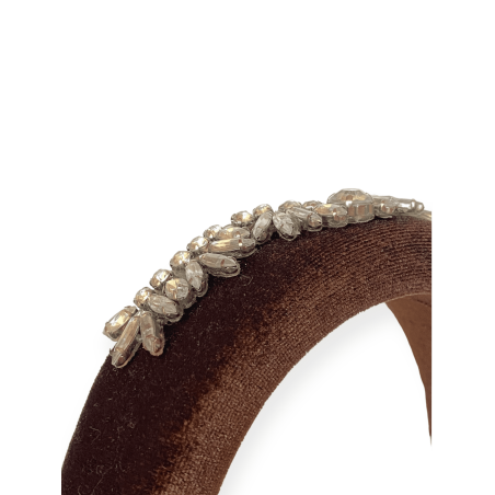 Cerchietto bombato in velluto marrone con cristalli