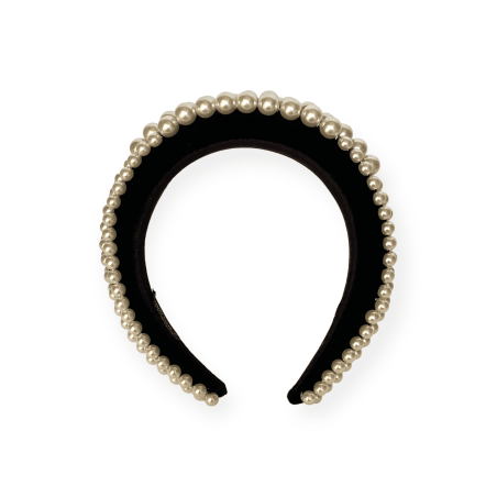 Cerchietto bombato maxi in velluto nero e perle